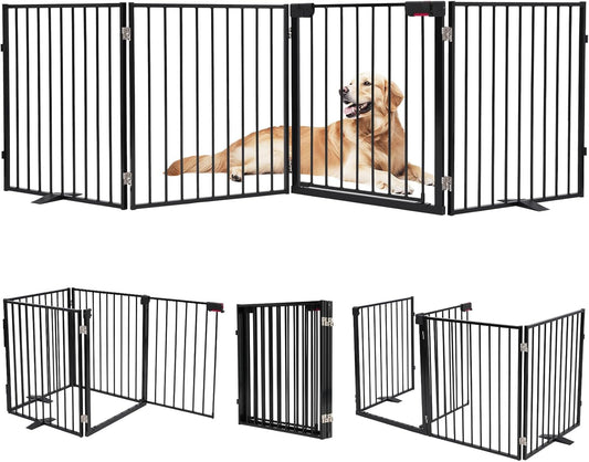 104" Dog Gate Extra Wide, Heavy Duty Metal Freestanding Dog Gate with Door for Indoor & Outdoor, Foldable Pet Fence for Doorways,House,Porch,Deck,Yard,Stairs, Auto Close(4 Panels,Black)