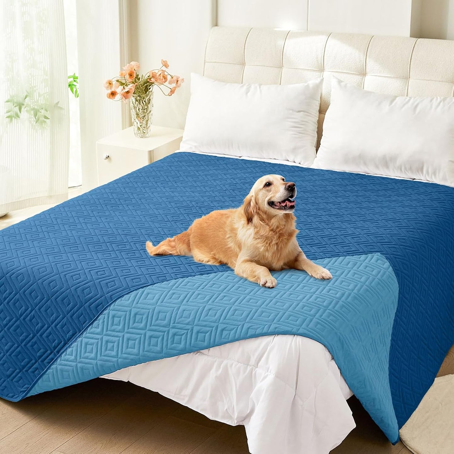 hyha Waterproof Dog Blanket, Soft Pet Bed Blankets, Waterproof Sofa Couch Cover for Dogs Washable, Reversible Pet Couch Covers for Sofa Furniture (82x82 Inch, Navy Blue/Blue)