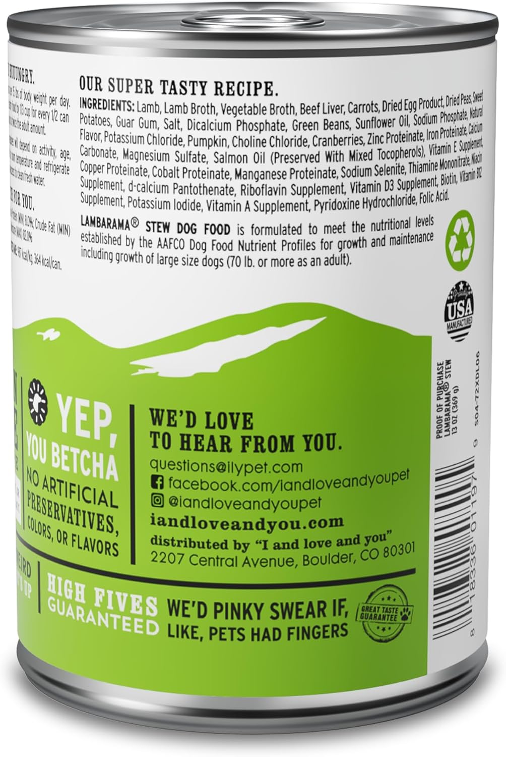 I AND LOVE AND YOU Wet Dog Food - Lambarama Stew - Lamb Recipe, Grain Free, Filler Free 13oz can, 12pk