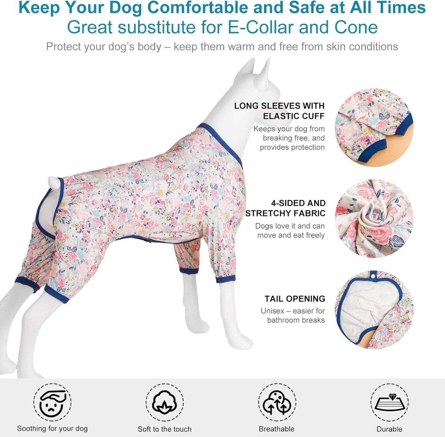 LovinPet Large Dog Pajamas - Anxiety Calming Dog Shirt, Lightweight Fabric, Adorable Spring Flowers Print, Pjs for Large Dogs, Pajamas for Pitbulls, Pitbull Clothes, Pink XL