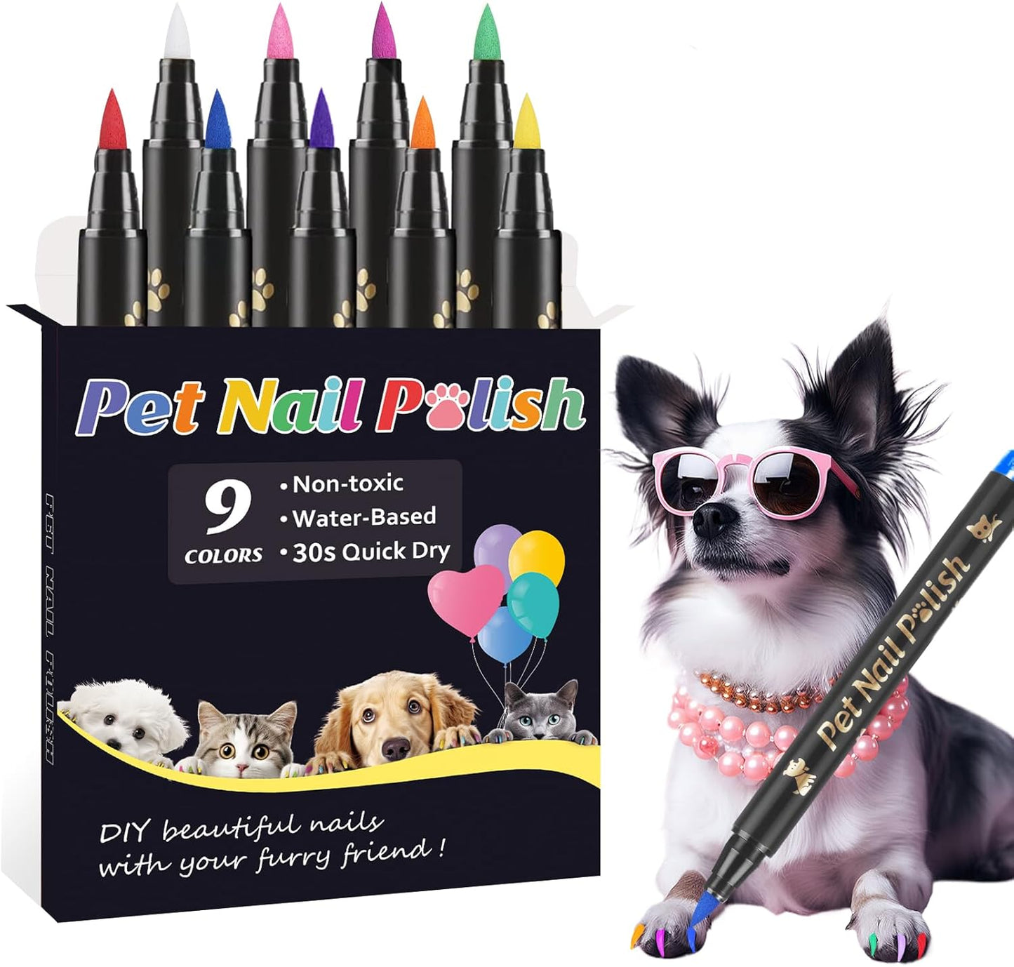 Dog Nail Polish Pens Quick Dry,9 Colors Safe Dog Nail Polish Set to DIY Pretty Nails, Ideal Gifts for Dogs Cats Light Dark Nails, Odorless, Non-Toxic, Water-Based Pet Nail Accessories Set