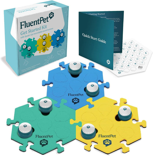 FluentPet Speak Up! Get Started Kit with Clearer Upward-Facing Sound | 6 Recordable Buttons w/Pre-Installed Batteries & 3 HexTile Button Mats | Training Dog & Cat Communication Buttons