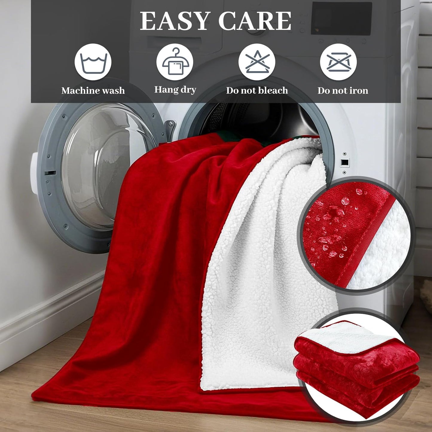 Love Red Waterproof Bed Blanket, Throw Size XL 50'' x 80'' Double Side Leakproof Reversible Sherpa Flannel Fleece 3 Layer Lightweight Blanket, Absorbs 44oz