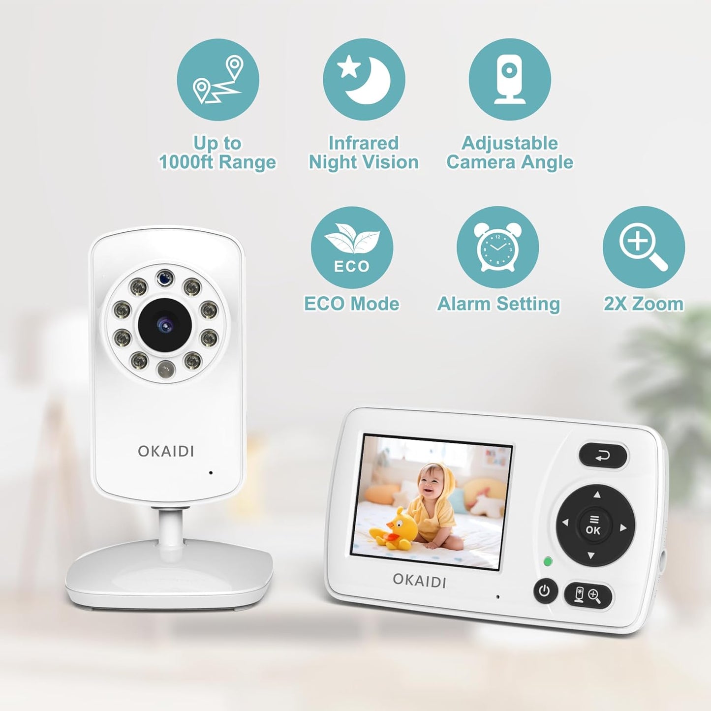 OKAIDI Video Baby Monitor with Camera and Audio, 2.4'' Portable Travel Baby Monitor No WiFi, Infrared Night Vision, VOX Mode, 1000ft Long Range, Ideal for Baby/Pet/Elderly