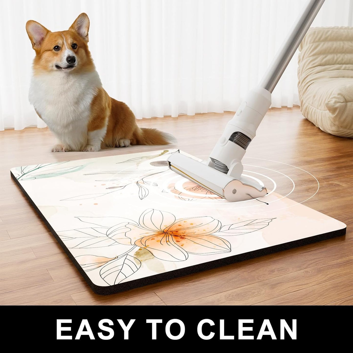 Dog Food Mat, 12" x 19" Absorbent Dog Cat Bowl Mat for Food and Water, Cute Anti-Slip Rubber Pet Feeding Rug Protect Floors, Placemat for Feeding & Watering Supplies, Watercolor Flowers