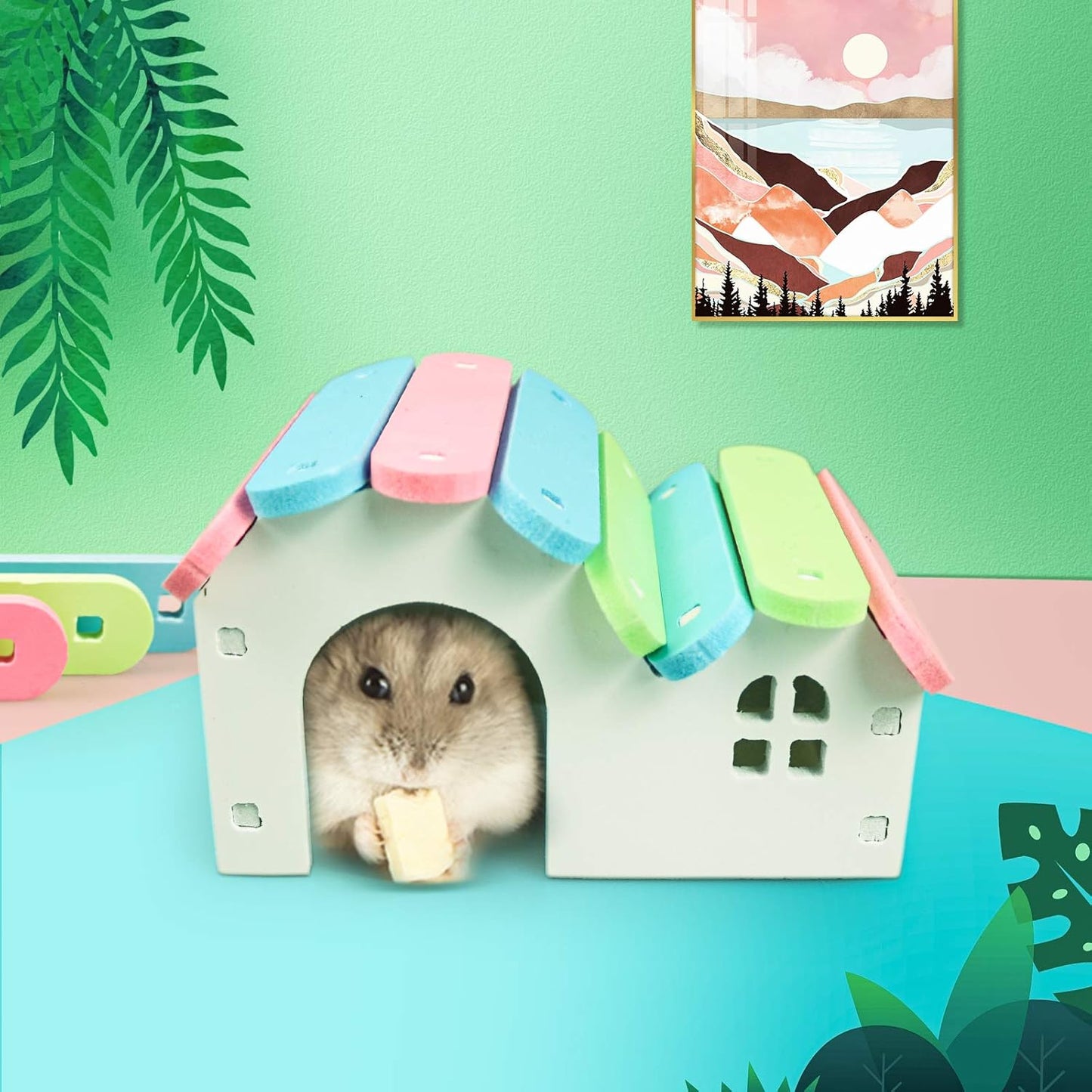 Dwarf Hamsters House DIY Wooden Gerbil Hideout Rainbow Bridge Swing and PVC Seesaw, Pet Sport Exercise Toys Set, Sugar Glider Syrian Hamster Cage Accessories, Suitable for Small Animal Habitat