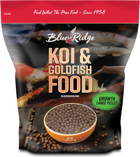 Blue Ridge Koi Fish Food 5lb - Koi Food Large 3/16" Growth Formula, Goldfish Food, Premium Fish Food for Ponds, Ponds Fish Food, Floating Pond Pellets
