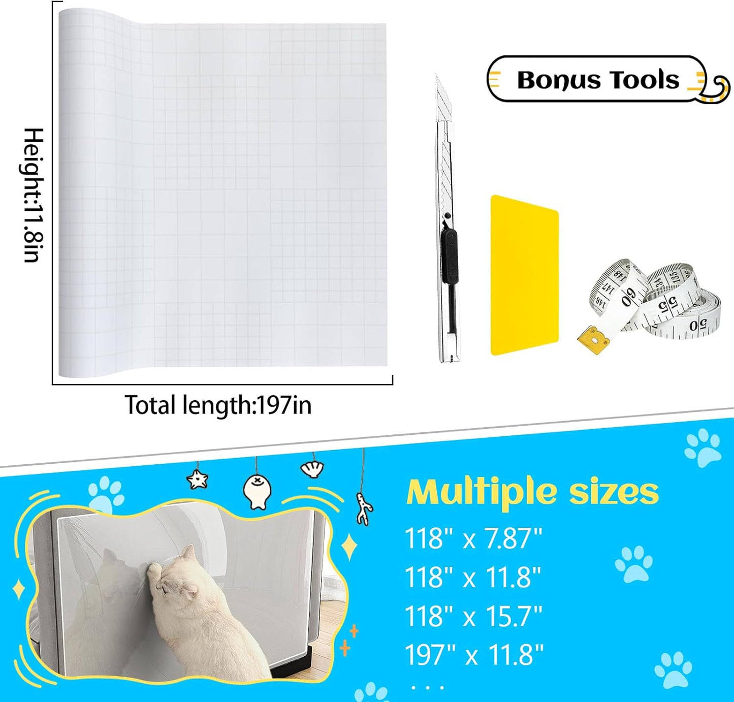 Anti Cat Scratch Furniture Protector, Couch Scratch Protector from Cats, Furniture Protectors from Cats for Couch, Walls, Doors with Pocket Knife, Scraper, Tape(11.8" x 197")