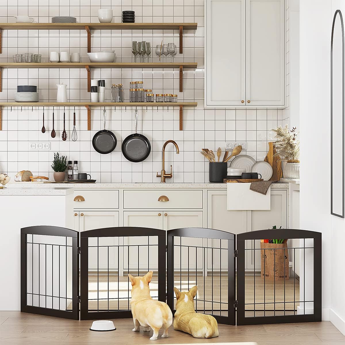 Dog Gate - 4 Panel Foldable Pet Gate Indoor for Doorways, House, Stairs, Freestanding Gate for Dogs - 80x24 -Inch Puppy Safety Fence by PAWLAND, Espresso