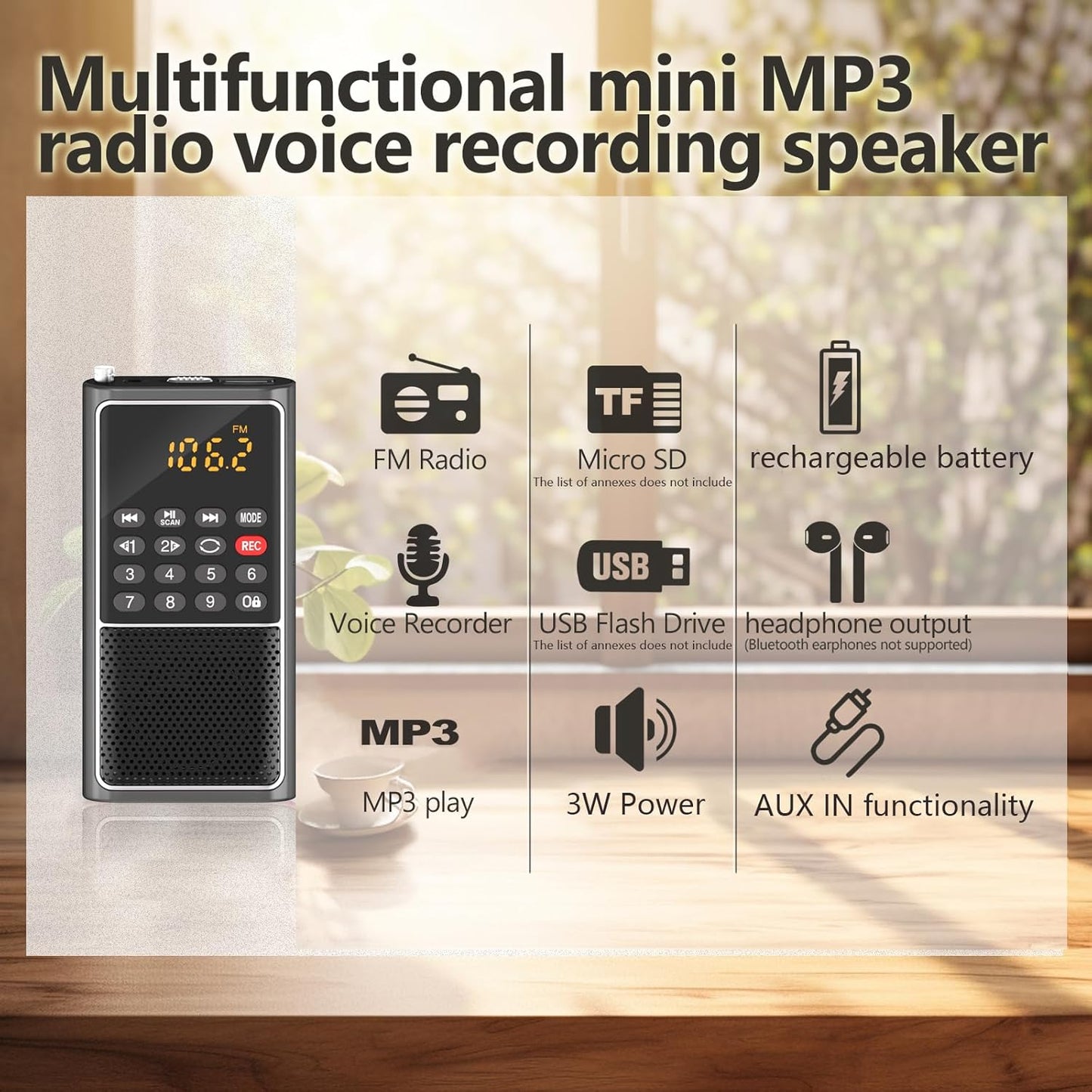Mini Portable FM Radio SD Card Player Small Rechargeable Battery Operated Radio,USB|SD Card Slot Support Mp3 Play Rec,Pocket Walkman,Numeric Key,Excellent Reception and Sound,Home|Outdoor Use