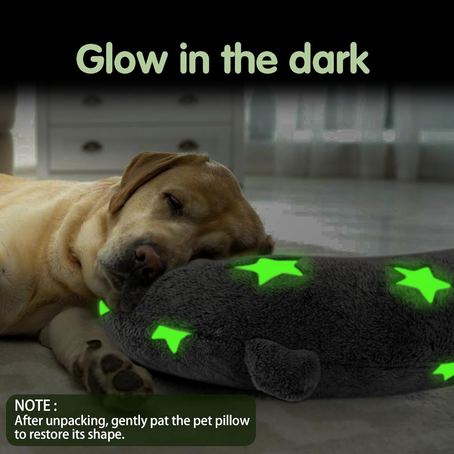Dog Calming Pillow Glow in The Dark, Soft U-Shaped Pet Pillows for Dogs & Cats, Machine Washable, Dog Neck Pillow, Joint Relief, Better Sleep (Medium, Gray)