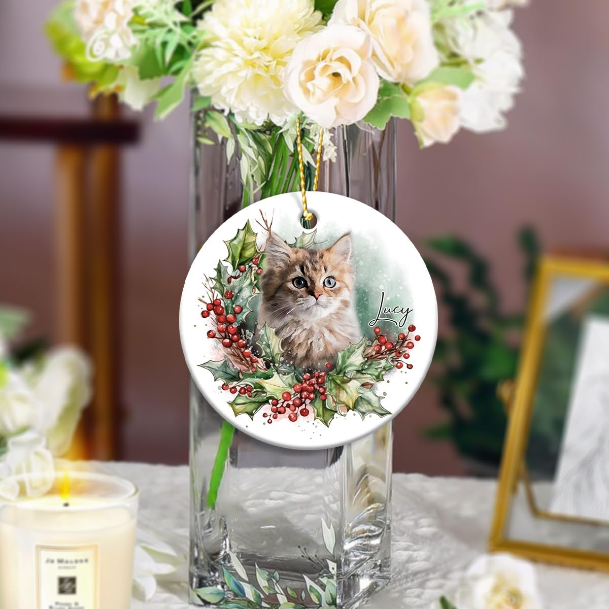 Personalized Pet Picture Frame Ornaments - Custom Ceramic Ornament for Christmas Trees Decorations, Puppy Kitten Xmas Keepsake - Gifts for Dog Cat Lover - My First Christmas Cat/Dog Gift