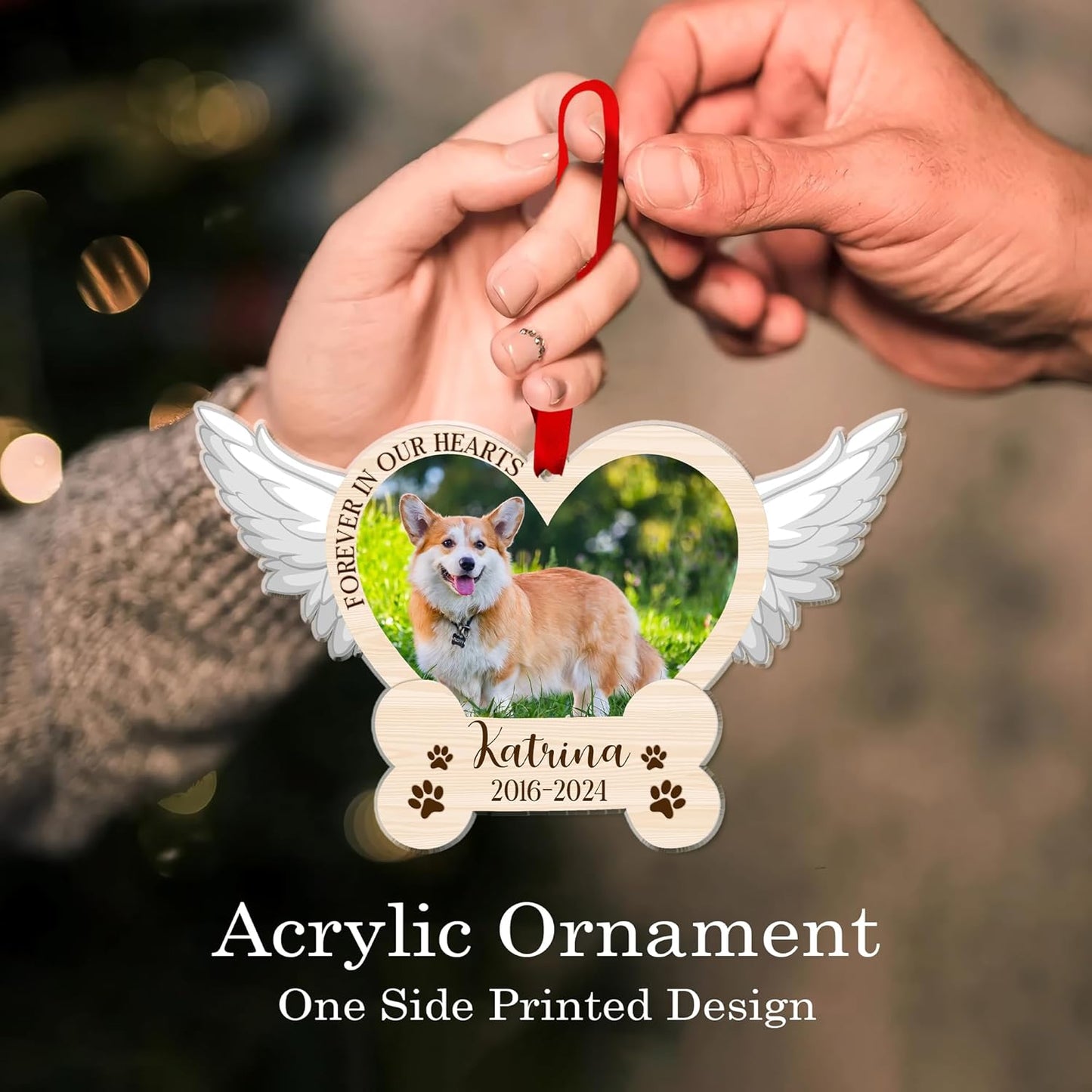 Personalized Wings Memorial Dog Christmas Ornaments - Forever in Our Hearts Acrylic Ornament for Your Loss Pet - Custom Photo, Name, Years (Wings Memorial Dog)