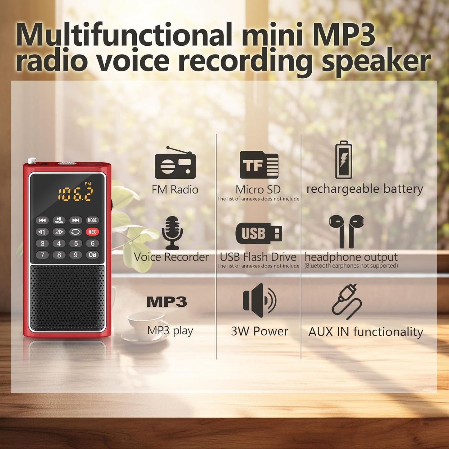 Small FM Radio Pocket Portable Radio,Rechargeable Battery Operated,USB/Micro SD Card/TF Card Slot Mp3 Player,Numeric Key, with Recorder,Excellent Reception and Sound,Suitable for Home & Outdoor Use
