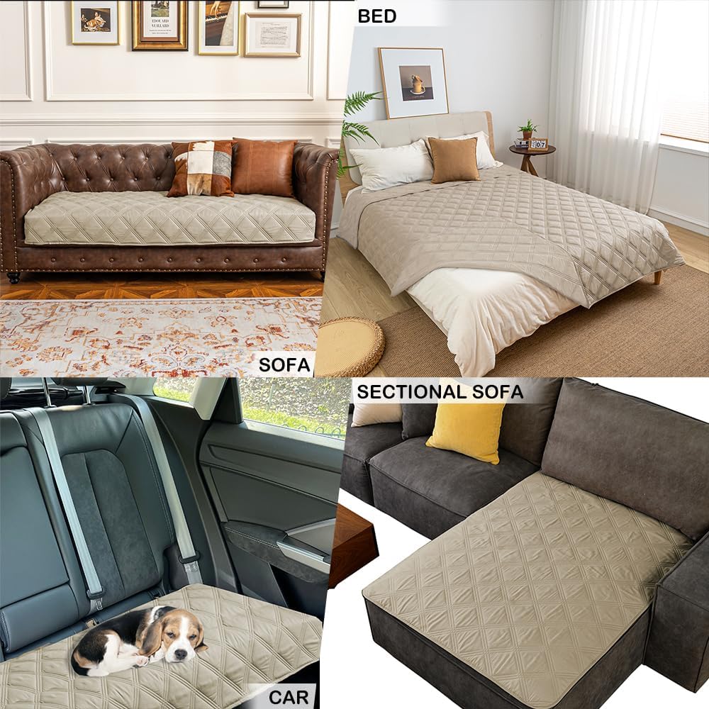 fuguitex Waterproof Dog Blanket Reversible for Small Dogs Resistant Leakproof Washable Couch Cushion Bed Protector Cover for Indoor Furniture Pet Friendly（68"*82",Brown+Khaki+Khaki