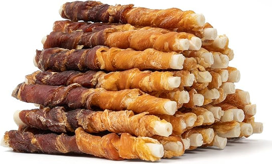 MON2SUN Dog Treats 5 Inch Double Flavor Chicken & Duck Wrapped Rawhide Sticks, Teeth Cleaning for Small Dogs, 21.16 oz (40 Count)