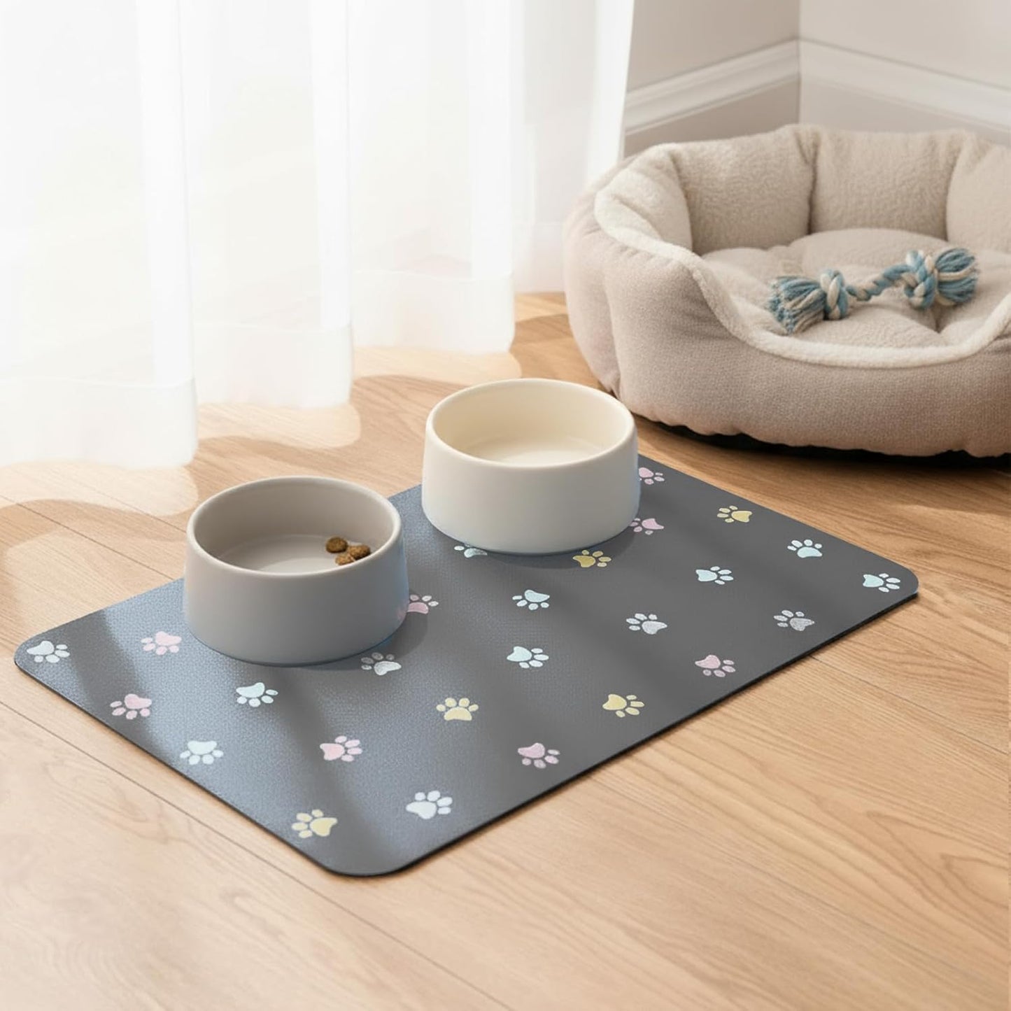 Cat Food Mat Absorbent Dog Mat for Food and Water Non Slip Quick Dry Dog Bowl Mats for Floors 19" X 12" Paw Dark Gray