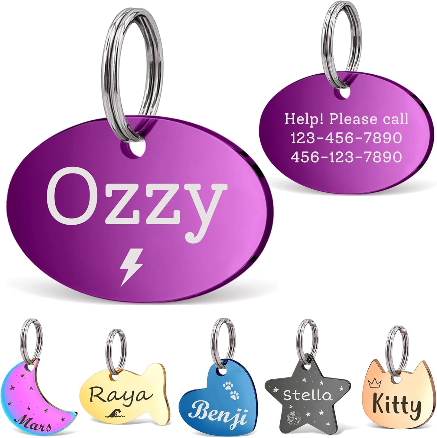 Anavia Small Size Dog Cat ID Tags, Small/XS Personalized Color Plated Stainless Steel Puppy Kitten Name Tags, Customized Engraved Nameplate Pet Collar Tag (Purple, Oval)