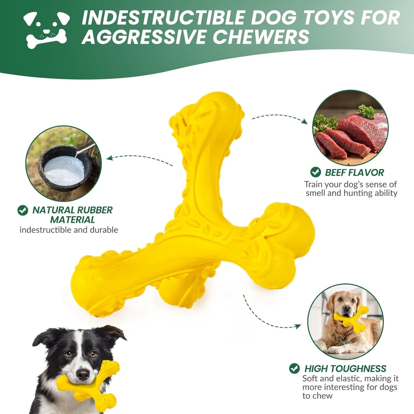 Dog Chew Toys for Aggressive Chewers Large Breed,Indestructible Bones Toy，Durable Cleaning Toothbrush Natural Rubber Dog Toys… (Yellow)