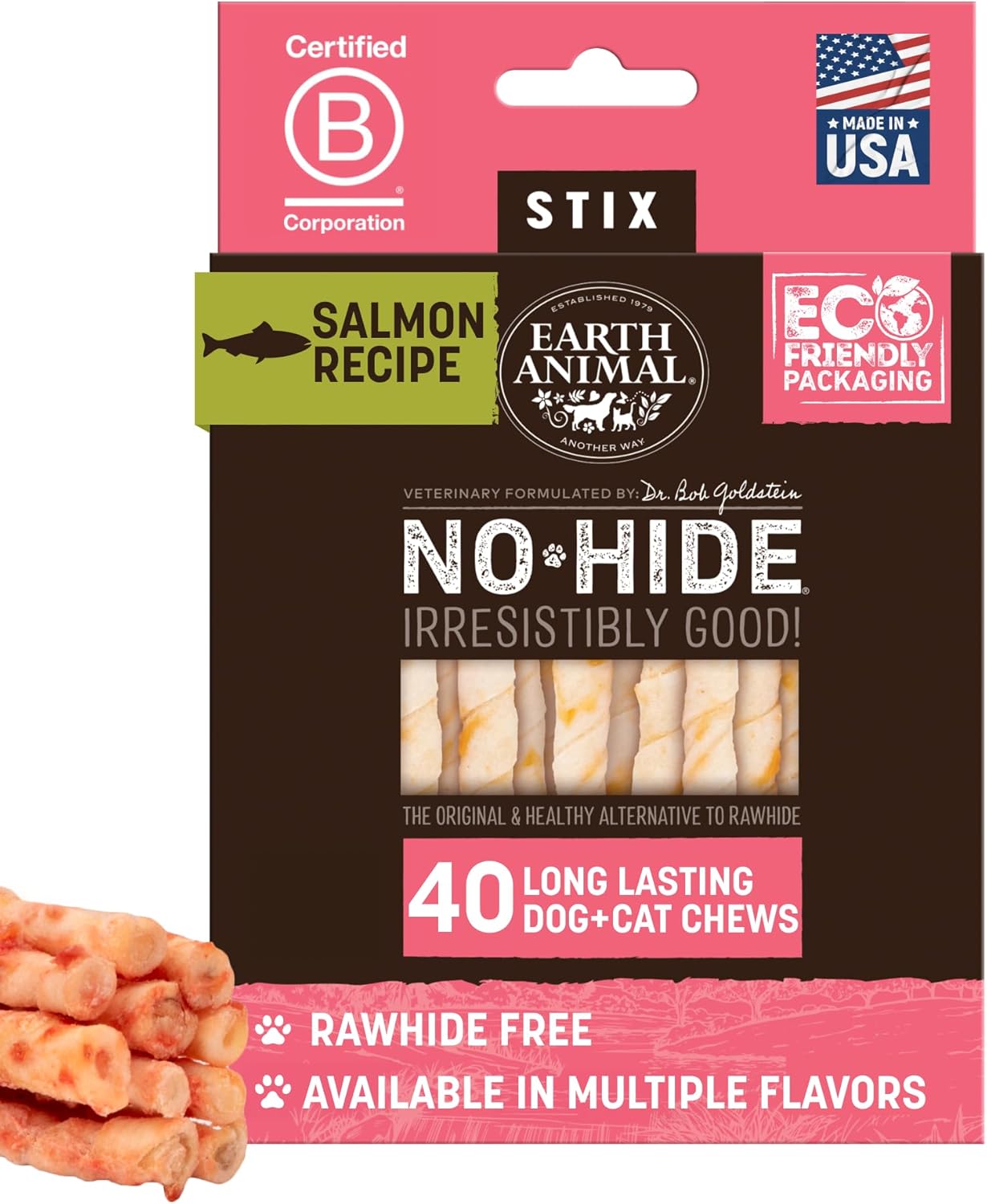 Earth Animal No-Hide Stix Salmon Recipe Natural Rawhide Alternative Dog & Cat Chews - 40 Count Extra Value Pack