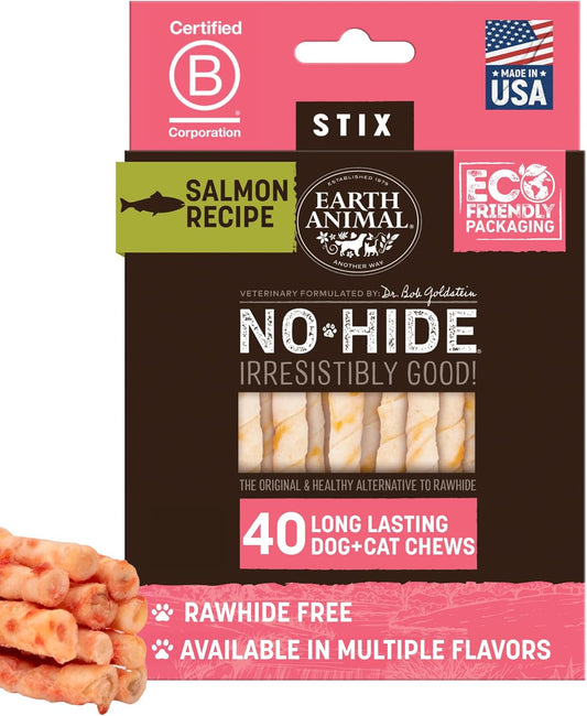 Earth Animal No-Hide Stix Salmon Recipe Natural Rawhide Alternative Dog & Cat Chews - 40 Count Extra Value Pack