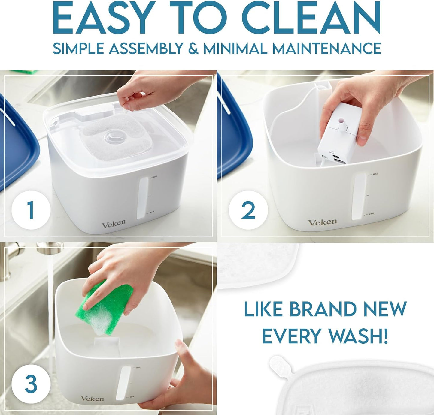 Veken Innovation Award Winner 95oz/2.8L Pet Fountain, Automatic Cat Water Fountain Dog Water Dispenser with Replacement Filters, Gifts for Christmas, Cats, Dogs, Multiple Pets (Blue, Plastic)