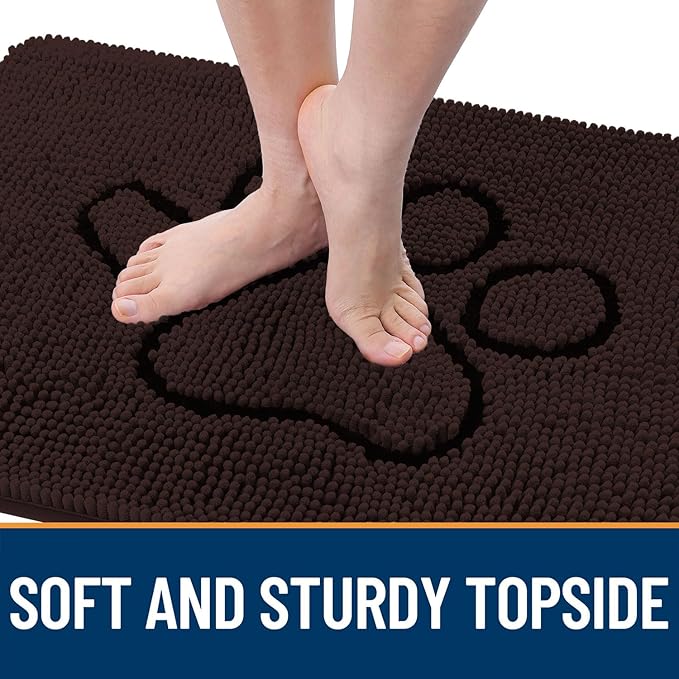 OLANLY Door Mat for Muddy Dog Paws 30x20, Absorbent Chenille Mud Doormat with Paw Print Design, Non-Slip Washable Doormat for Indoor Entryway, Quick-Dry Pet Bed Mats for Dirty Dogs, Brown and Black