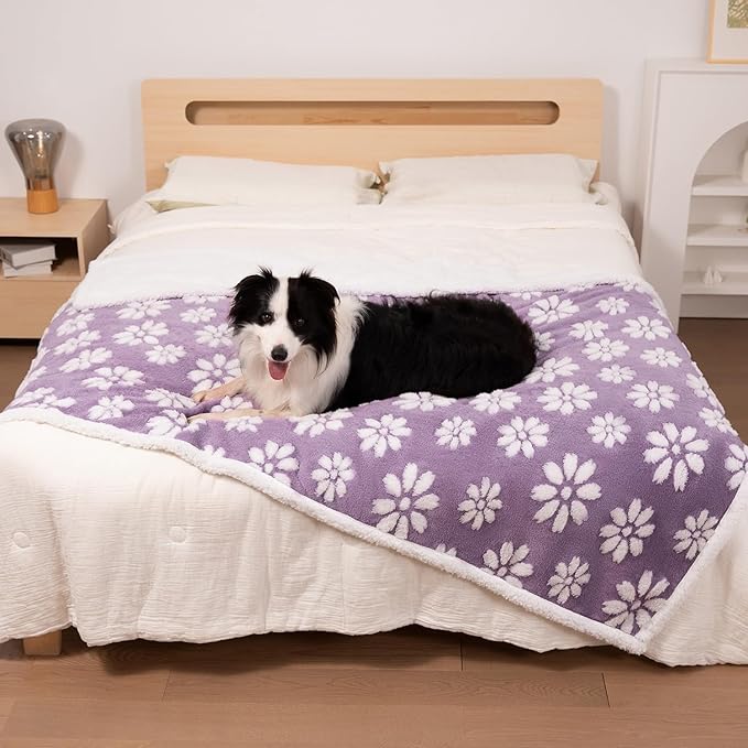 Waterproof Blanket for Dog Cat or Adult, Cute 3D Textured Flower Dog Blanket for Bed Couch Sofa, Soft Liquid Pee Proof Pet Furniture Protector, 50"x60", Purple