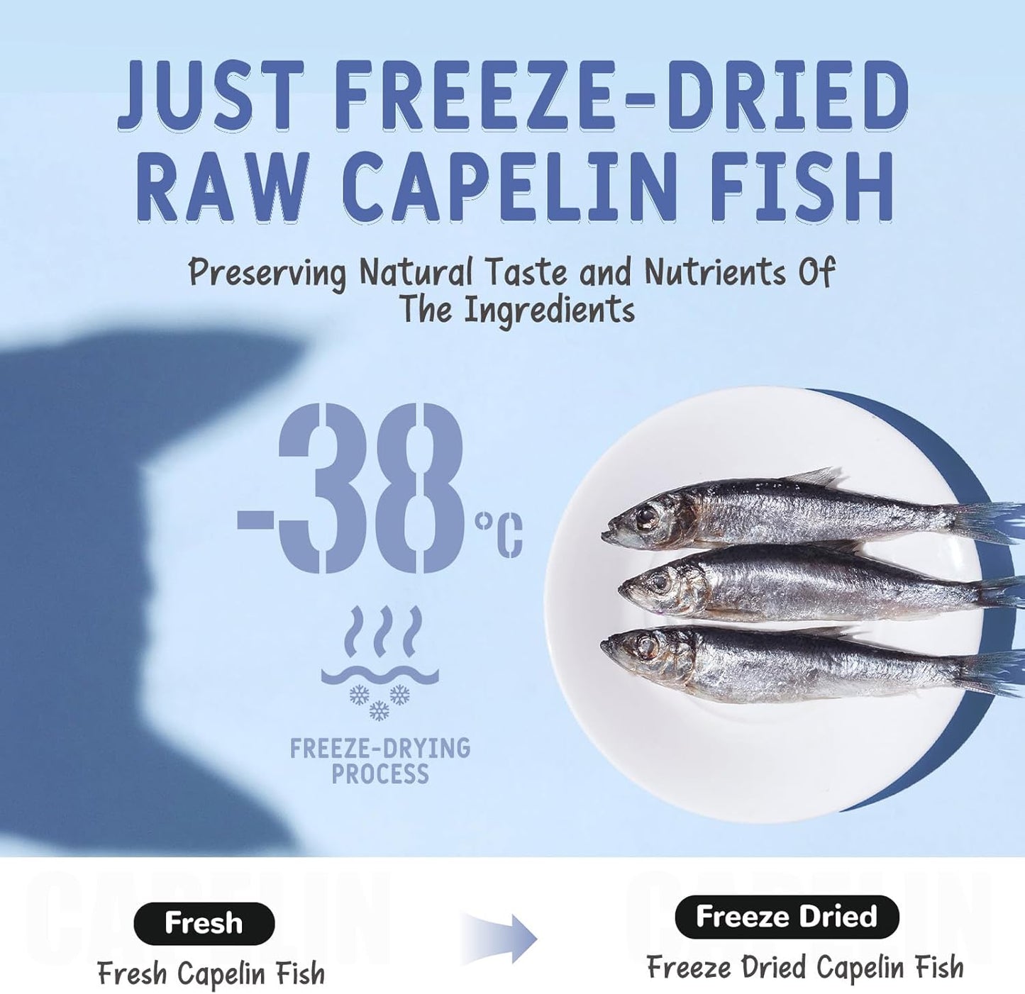 Freeze Dried Capelin Fish Treats for Cats & Dogs, Single Ingredient, Rich in Omega 3 & 6 for Healthy Skin & Coat, Grain Free, 100% Whole Fish, Premium Quality High Protein Training Snacks