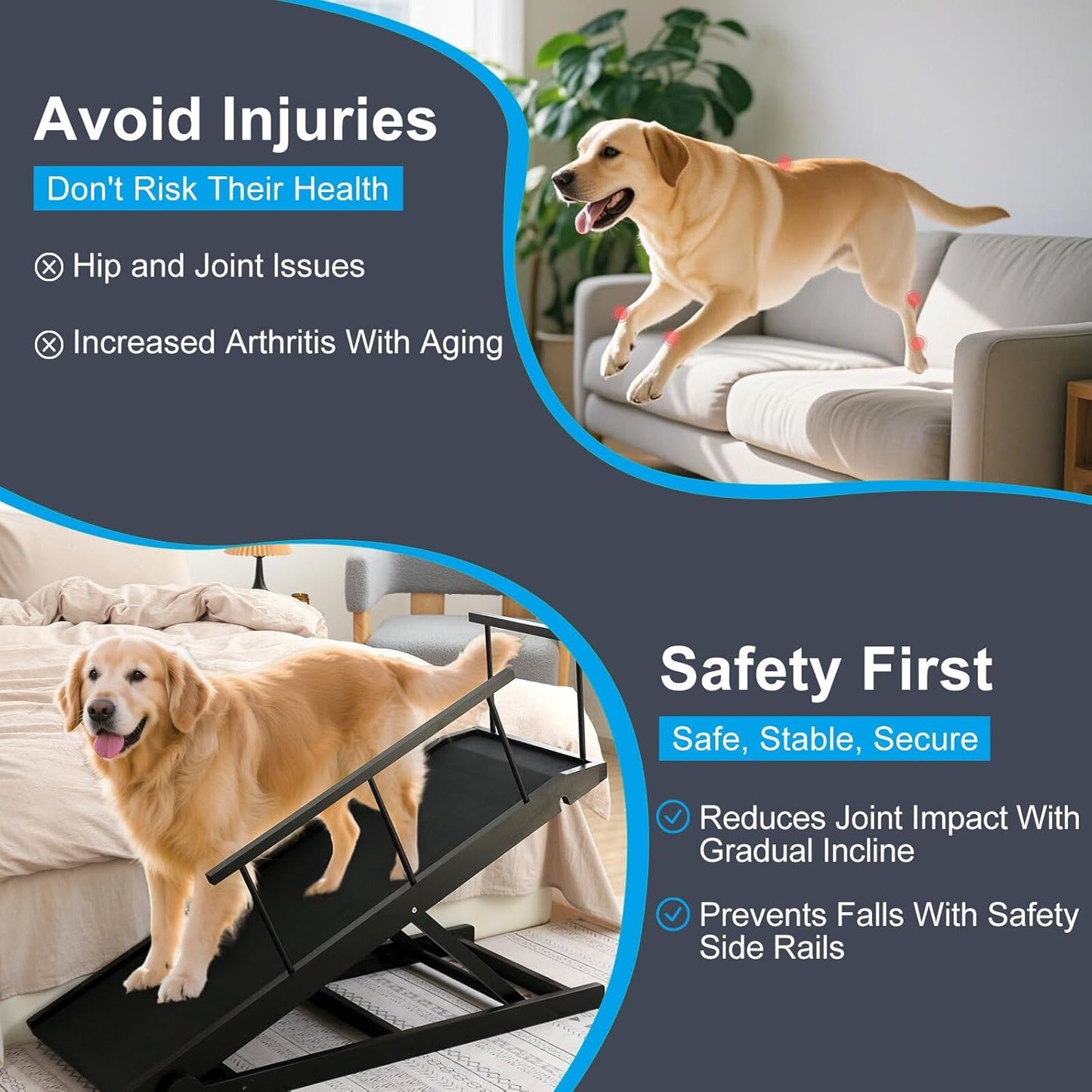 Dog Ramp for Bed and Couch- 5 Height Adjustable Solid Wood Pet Ramp for Small, Medium & Large Dogs, Collapsible Anti-Slip Dog Ramp for Sofa, Couch & Beds (Black, 115)