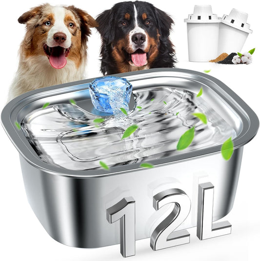 3 Gallon Dog Water Fountain for Large Dogs, 12L Stainless Steel Pet Water Fountain Inside, Automatic Dog Water Bowl Dispenser Dog Drinking Fountain with 2 Filters for Multiple Pets