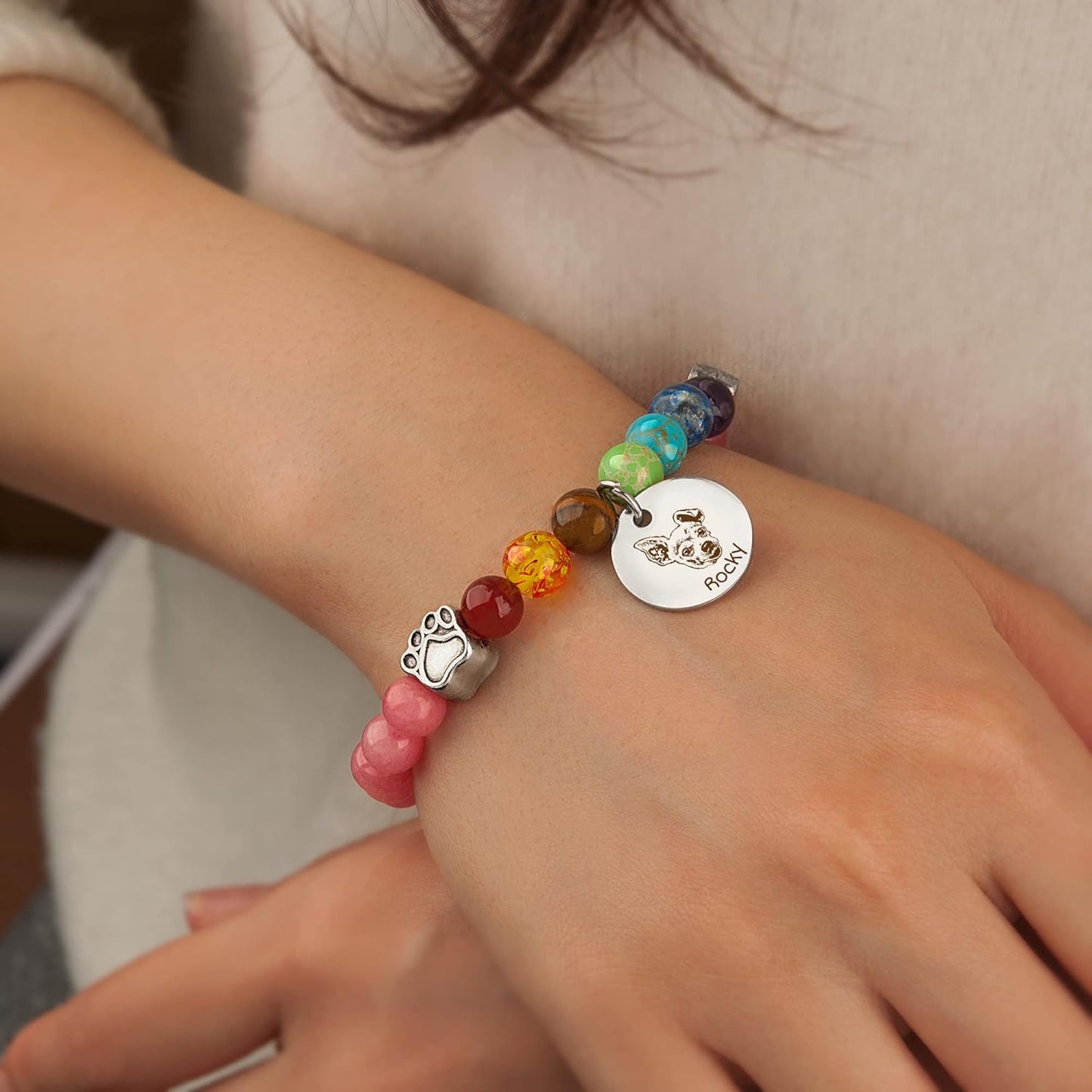 Anavia Pet Portrait Rainbow Bridge Pet Memorial Bracelet for Beloved Dog Cat, Pawprint on My Heart Personalized Handmade Bracelet Keepsake