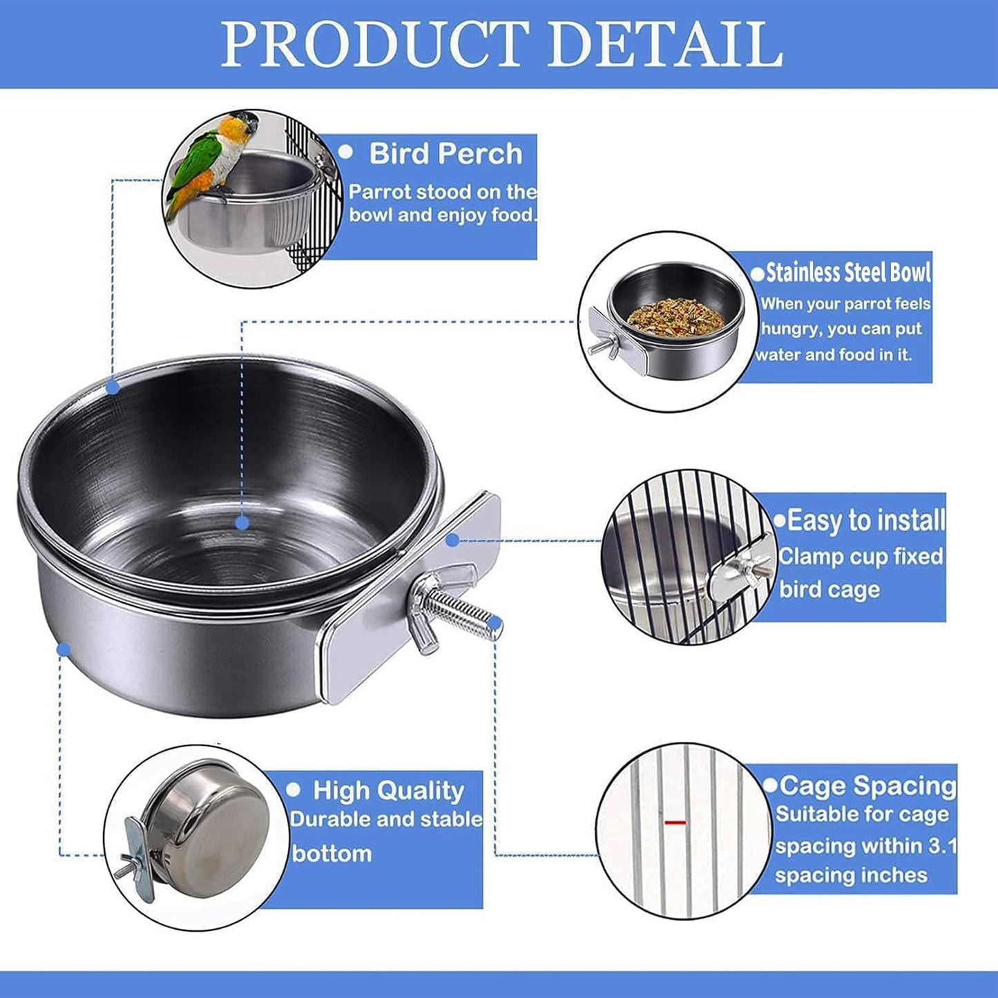 Tfwadmx Bird Feeding Dish Cups Parrot Food Bowl Clamp Holder Coop Cup, Bird Cage Water Bowl for Parakeet African Greys Conure Cockatiels Lovebird Budgie Chinchilla