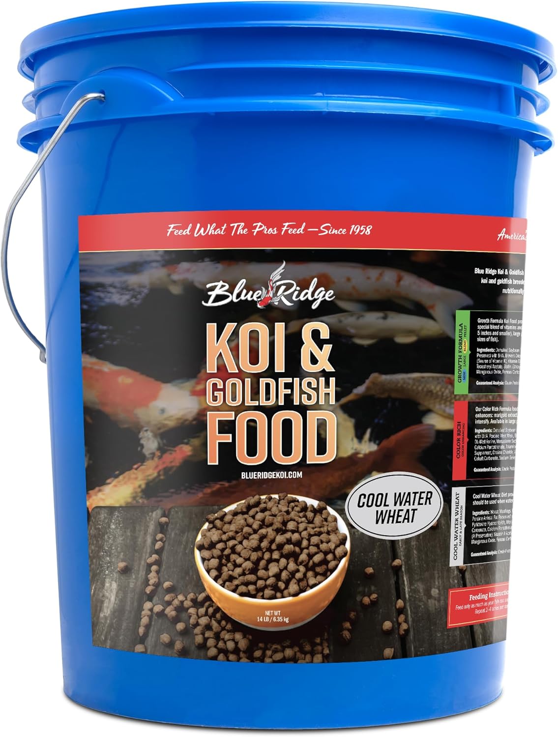 Blue Ridge Koi Fish Food 14lb Bucket - Cool Water Wheat 3/16", Fall and Winter Floating Pond Pellets, Ponds Fish Food