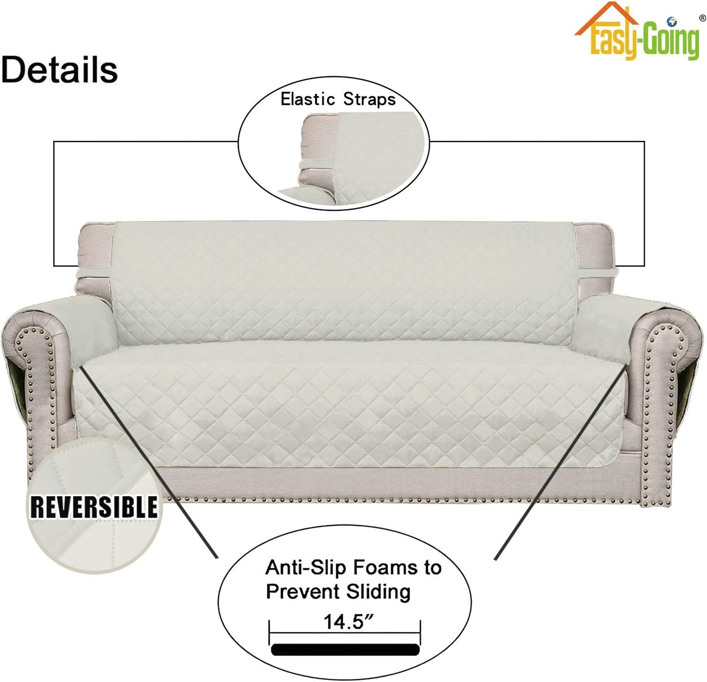 Easy-Going Reversible Couch Cover for 3 Cushion Couch Sofa Cover for Dogs Water Resistant Furniture Protector Cover with Foam Sticks Elastic Straps for Pet Cat (Sofa, Ivory/Ivory)