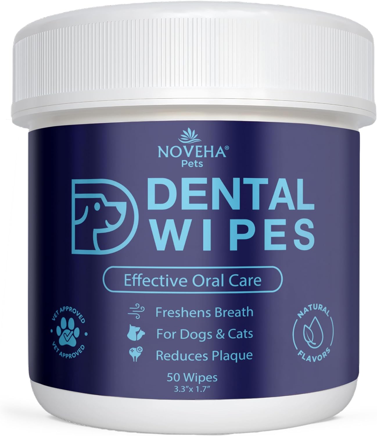 NOVEHA 50PCs Pets Dental Finger Wipes for Dogs & Cats | Freshens Breath, Reduces Plaque | Healthier Gums | Clean Teeth No Toothbrush | Vet Recommended Effective Natural Oral Care | Flavor-Free