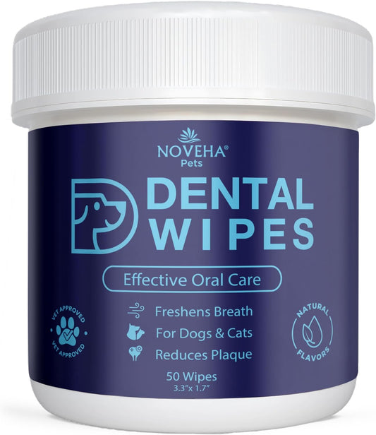 NOVEHA 50PCs Pets Dental Finger Wipes for Dogs & Cats | Freshens Breath, Reduces Plaque | Healthier Gums | Clean Teeth No Toothbrush | Vet Recommended Effective Natural Oral Care | Flavor-Free