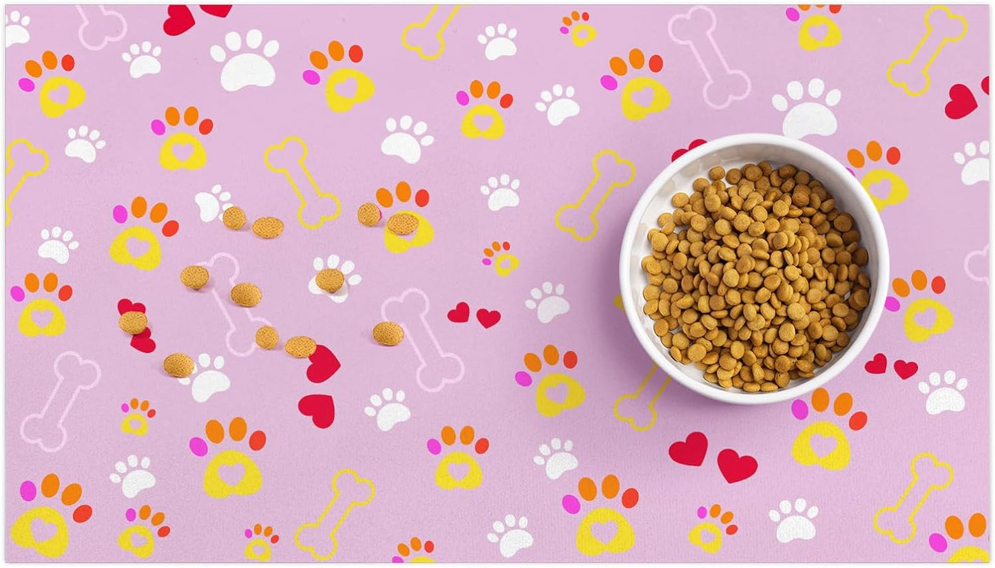 Pet Dogs Cats Food Mat, Pink Bone Dog Claw Pet Feeding Pad, 12 * 20 Inch Absorbent Dog Food Mat, Cat Dish Mat for Food and Water, Suitable for Dog Cat or Other Pets