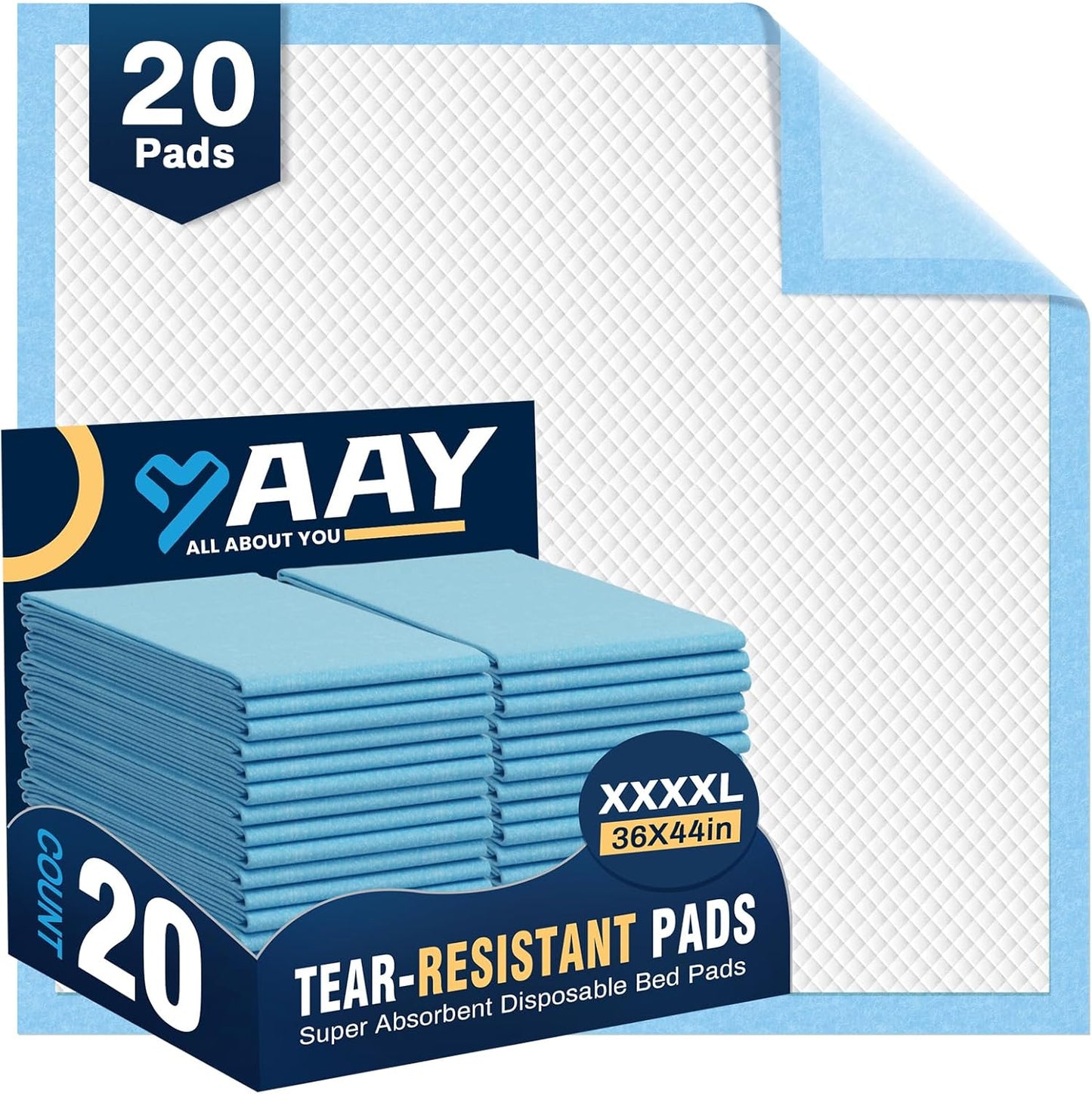 AAY Heavy Duty Disposable Bed Pads 36"X44" (20pcs) Tear-Resistant Cloth Backing Underpads Extra Large Super Absorbent Pee Pads Incontinence Waterproof Chucks Pads for Adults Elderly, Kids or Puppy