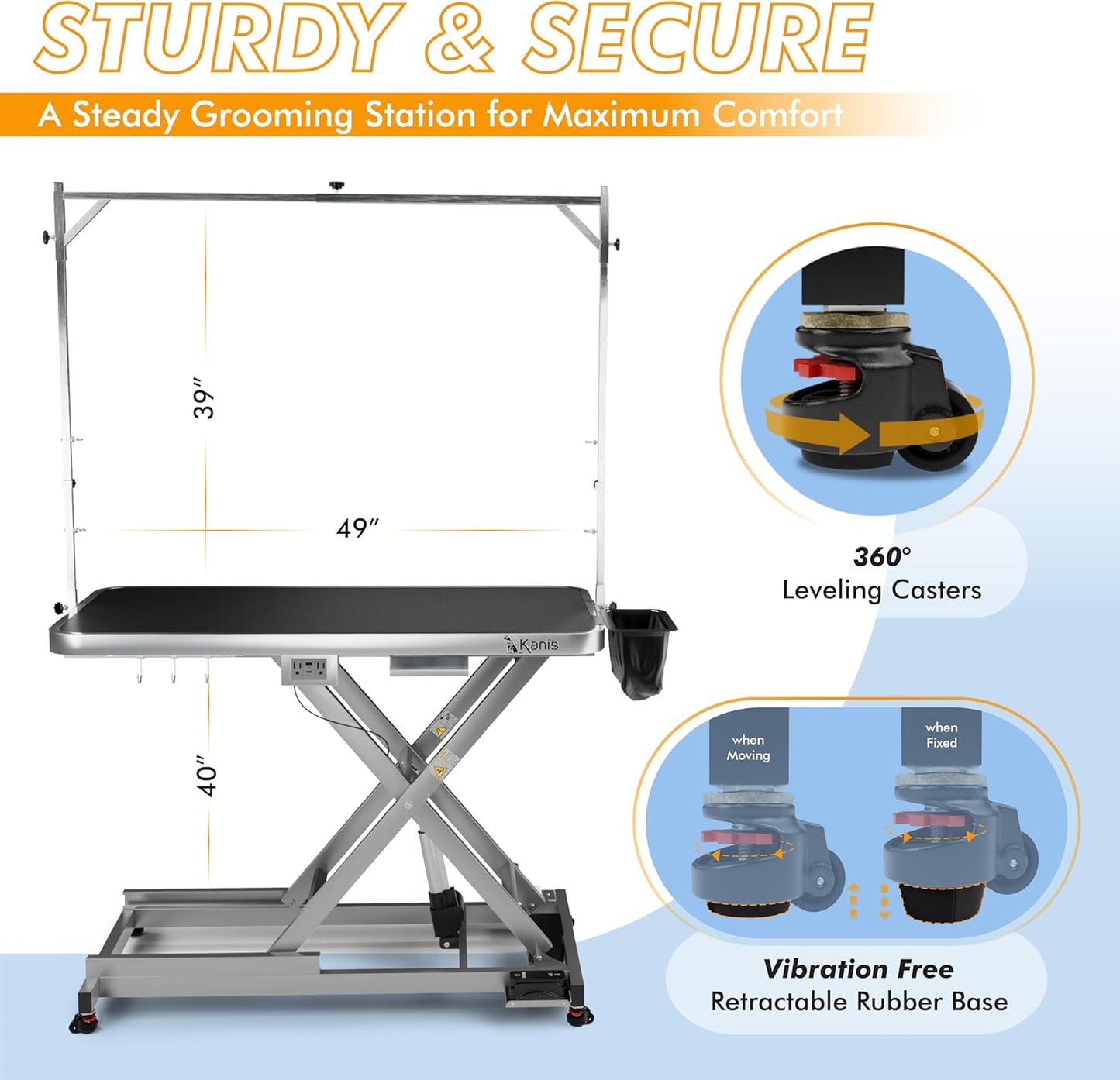 KANIS Professional Electric Dog Grooming Table - Heavy Duty, Height Adjustable Pet Grooming Table w/Leveling Wheels, Grooming Arm, Anti Slip Tabletop & Tool Organizer/Dog Grooming Station (49", Grey)