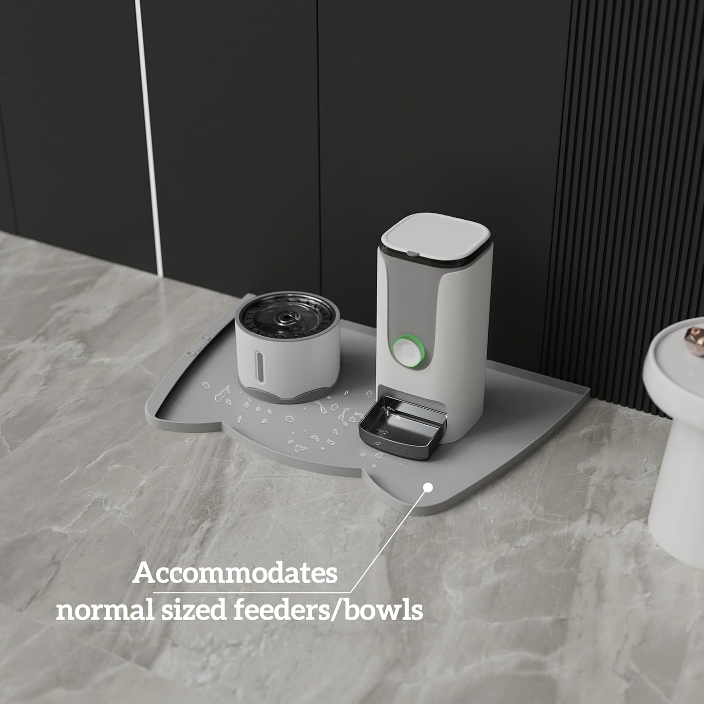 OHMO Dog Food Mat(Ash Light Grey, 24 * 15'') w/Residue Collection Pocket Silicone Pet Feeding Mat for Floor High Edges Anti Spills Waterproof Cat Water Bowl Tray, Easy Clean Placemat