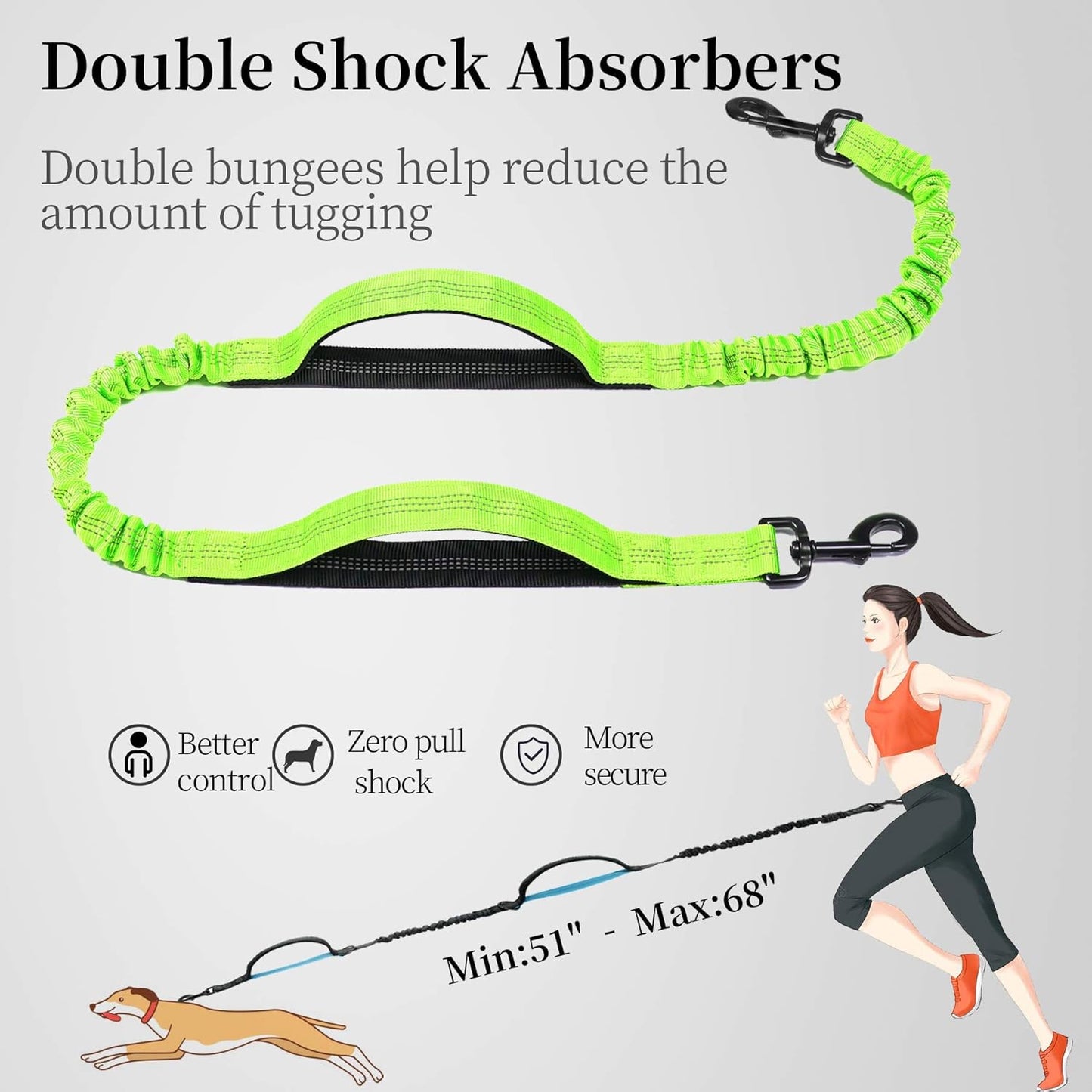 iYoShop Hands Free Dog Leash with Zipper Pouch, Dual Padded Handles and Durable Bungee for Walking, Jogging and Running Your Dog (Large, 25-120 lbs, Green)