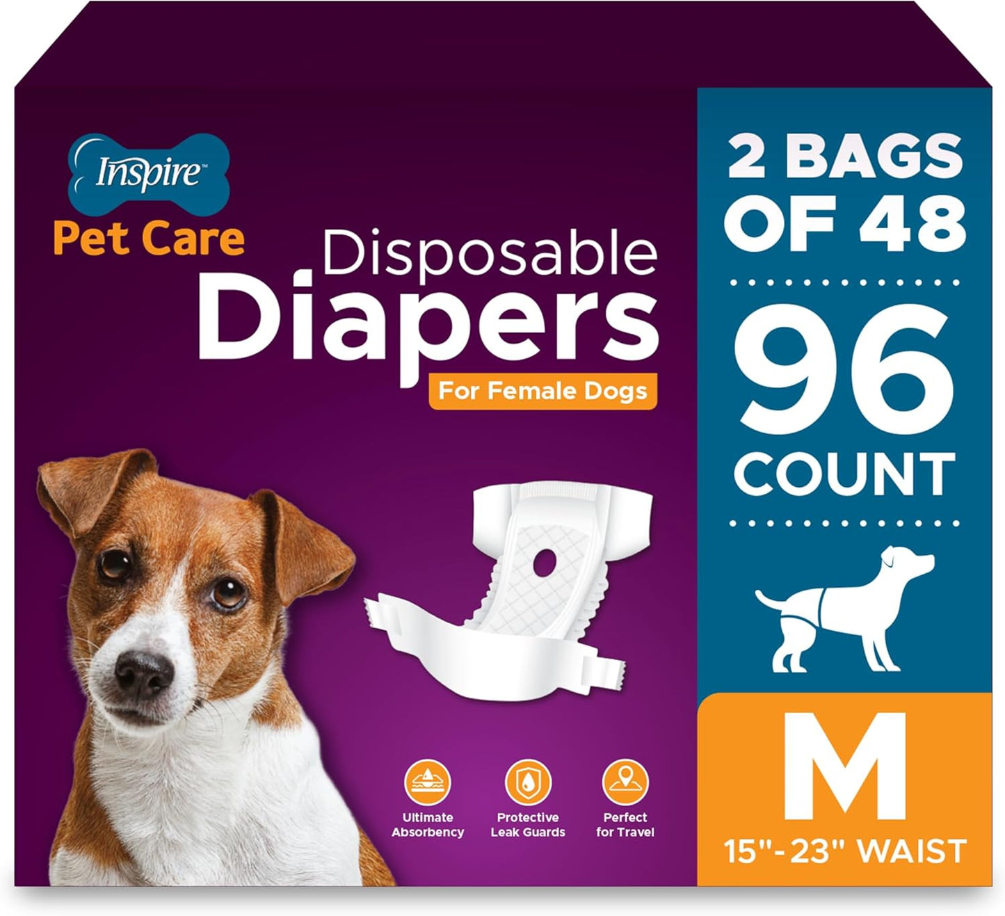 Inspire Pet Care Dog Diapers Female Dogs | Bulk Value Doggie Incontinence, Accidents, for Heat, Pee or Period and Housebreaking (Medium (96 Count))