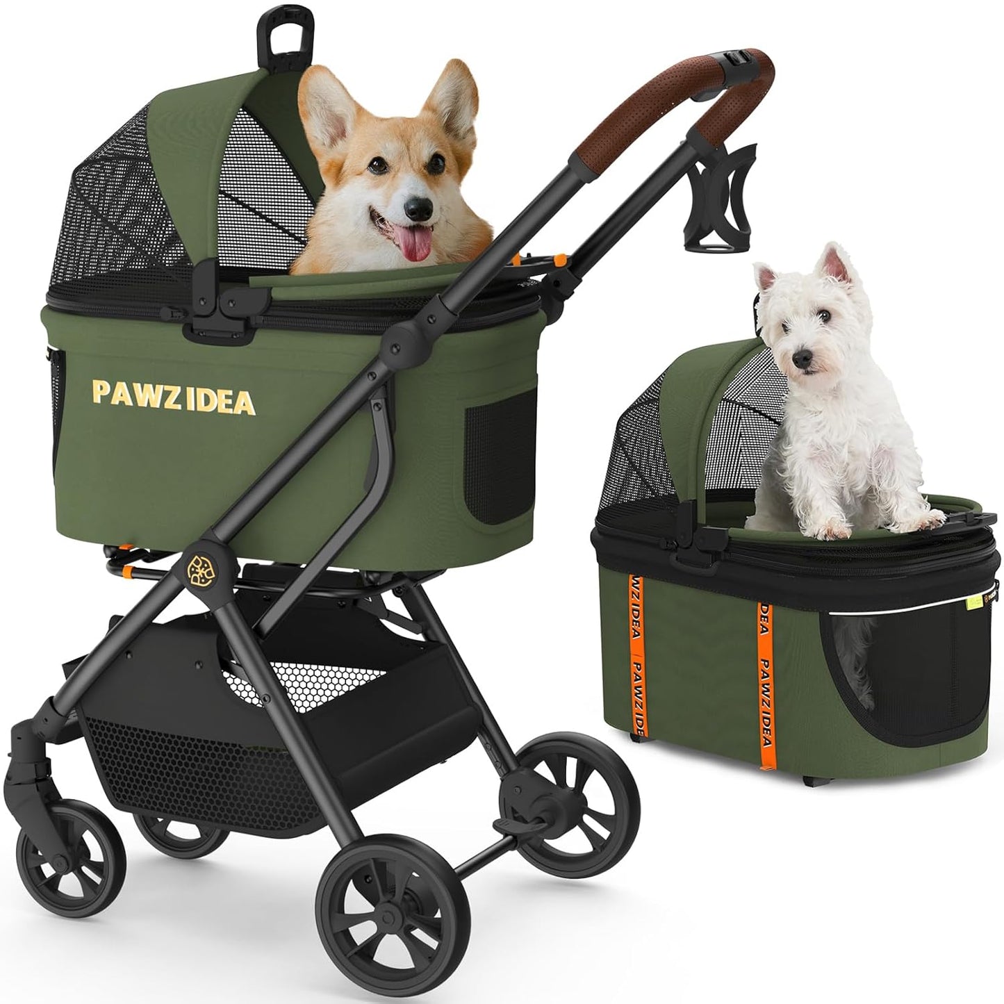 PAWZIDEA Pet Stroller 4 in 1, Dog Strollers with Detachable Carrier No-Zip Canopy, Portable Pet Crate for Car Seat Travel, Foldable & Lightweight Jogger for Small/Medium Dogs and Cats, Storage Basket