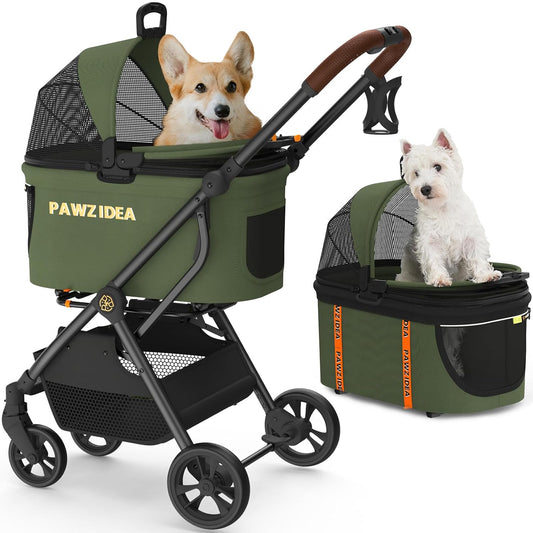 PAWZIDEA Pet Stroller 4 in 1, Dog Strollers with Detachable Carrier No-Zip Canopy, Portable Pet Crate for Car Seat Travel, Foldable & Lightweight Jogger for Small/Medium Dogs and Cats, Storage Basket