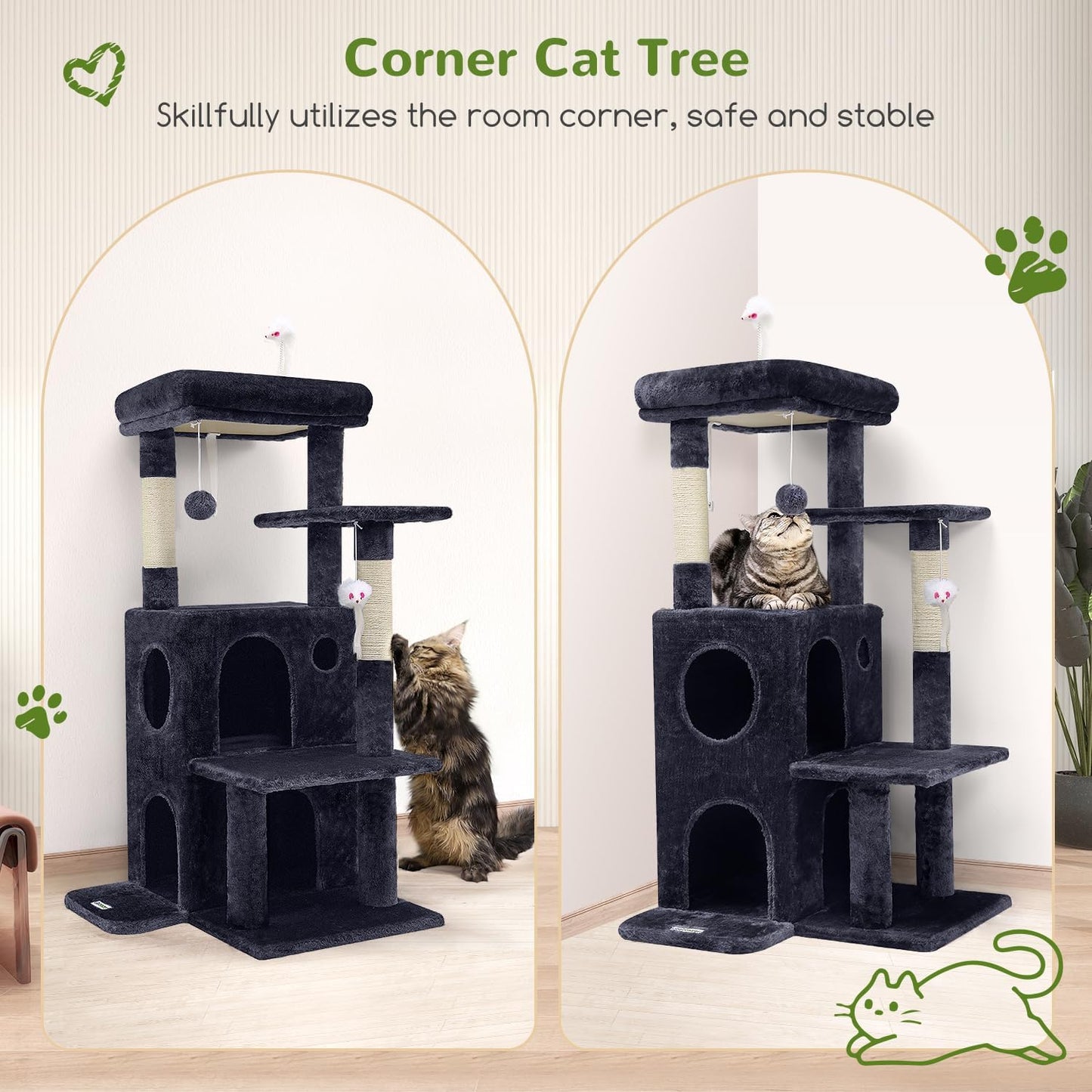 Globlazer Cat Tree Tower for Indoor Cats, 50-inch Adult Cat Tree House for Large Adult Cats with Steps, Scratching Post, 2 Cat Caves, Dangling Toys, FC50, Dark Grey