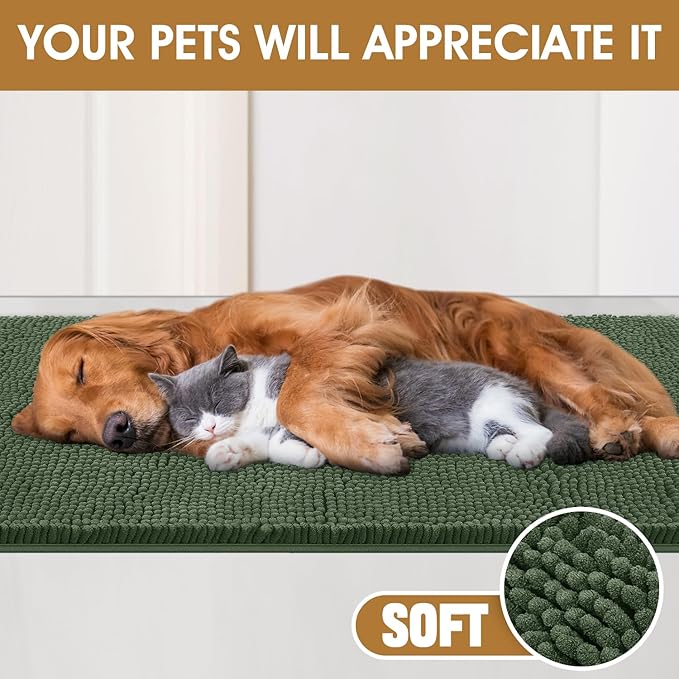 Dog Door Mats for Muddy Paws, Chenille Absorbent Door Mats, Non Slip Heavy Mud Mat for Dogs, Soft Indoor Door Mat for Entryway, Mud Paws, Inside Floor,30" X 20", Olive