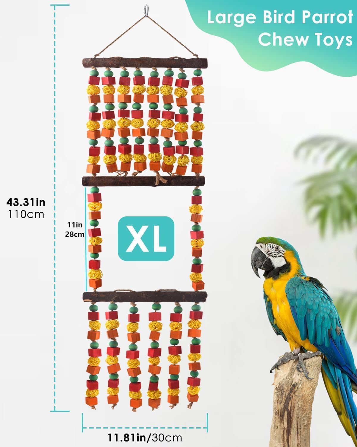 43" Extra Large Bird Parrot Toys, Multicolored Wooden Blocks Chewing Toy with Rattan Balls and Perches for Macaws, African Greys, Cokatoos, Amazon Parrots and Small Medium Parakeets