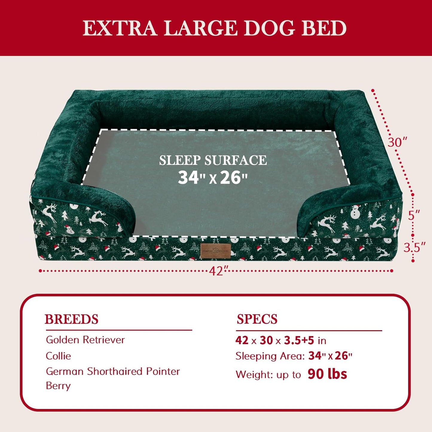 Comfort Expression Orthopedic Dog Bed for Extra Large Dogs 42x30 Inch, Waterproof Supportive Memory Foam XL Pet Bed with Removable Bolsters, Dog Couch with Washable Cover & Non-Slip Bottom, Green