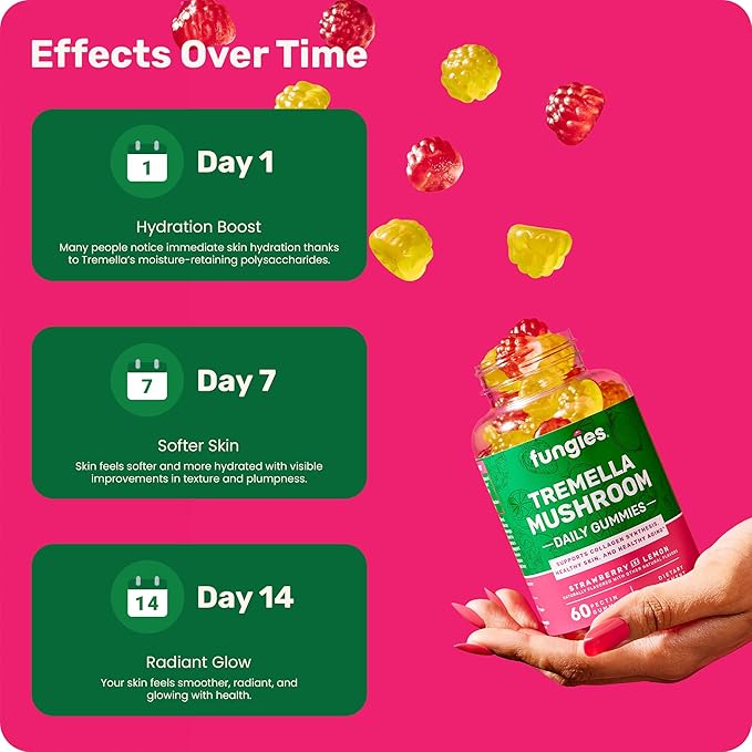 Fungies Tremella Mushroom Gummies, Mixed Strawberry & Lemon Flavor - Mushroom Herbal Supplement Gummy for Adults Supports Collagen Synthesis, Healthy Skin & Healthy Aging - Beauty Gummies 60 Servings
